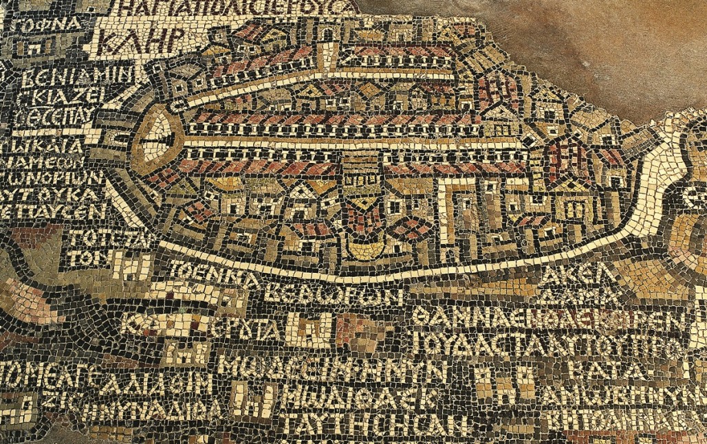 Map from Madaba. A mosaic depicting Jerusalem in the Church of St. George. Jordan, 6th century AD / Getty