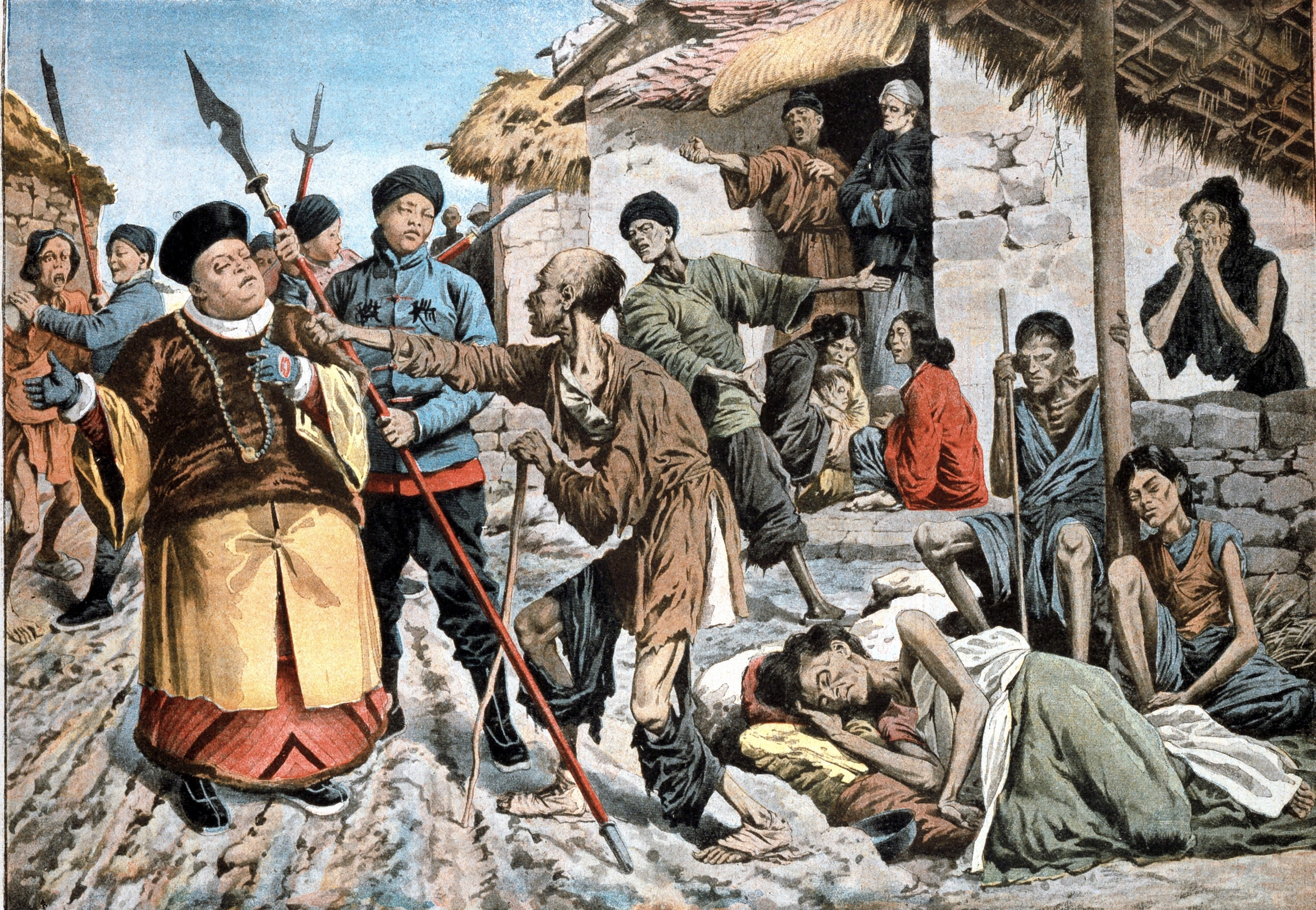 Cholera amongst victims of famine in China. Government officials mobbed by starving people. Hands of woman on mattress at right are in typical cholera attitude. From Le Petit Journal, Paris, March 1907