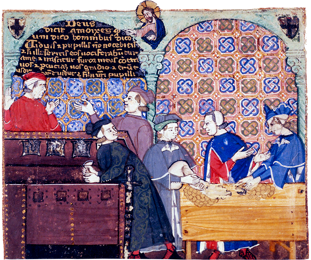 Avarice. A miniature with scenes of banking. Artist: Master of the Cocharelli Codex (active ca 1330)