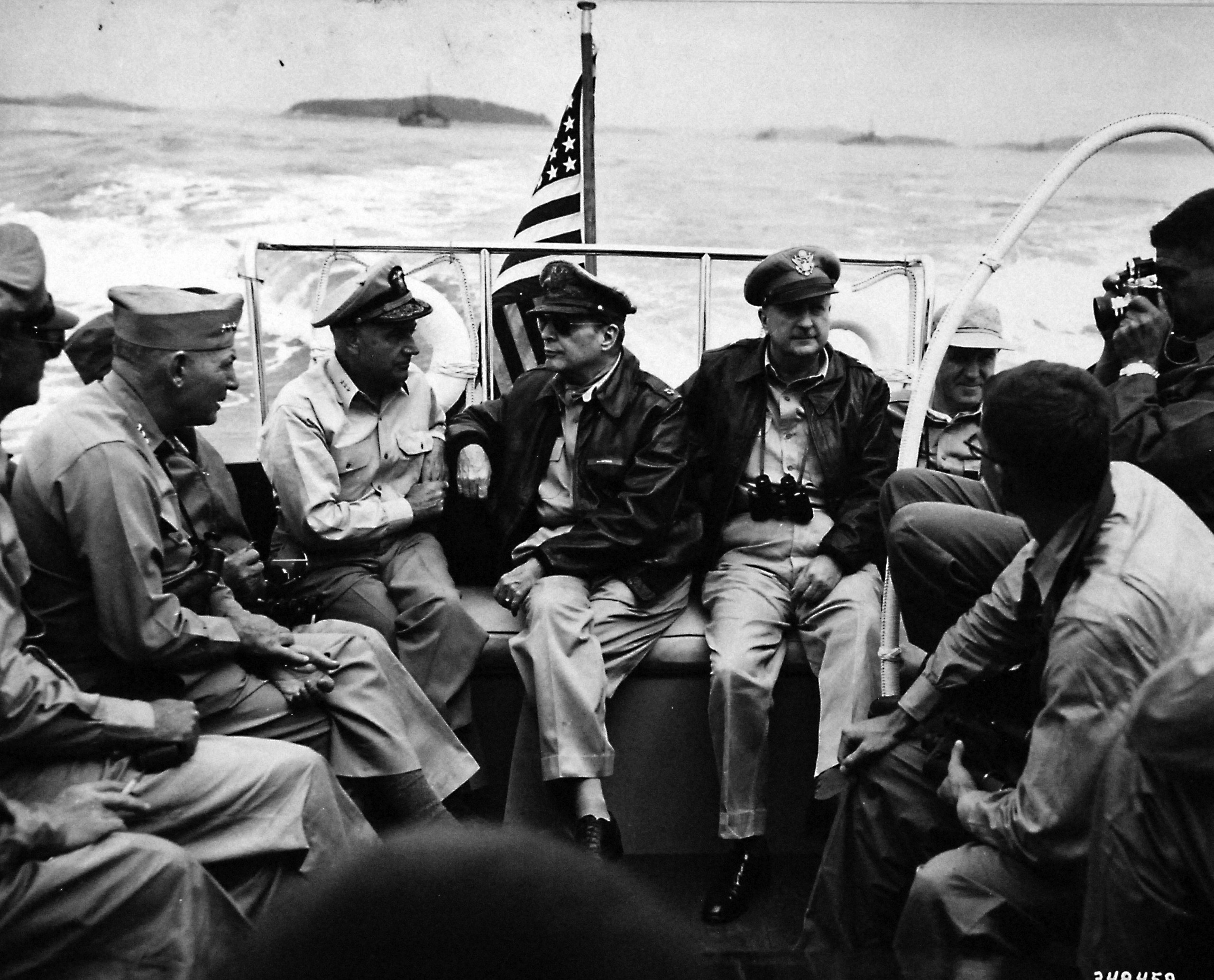 Lieutenant General Douglas MacArthur with other generals makes pre-invasion inspection of landing areas at Inchon from Admiral’s launch, September 15, 1950/Getty Images