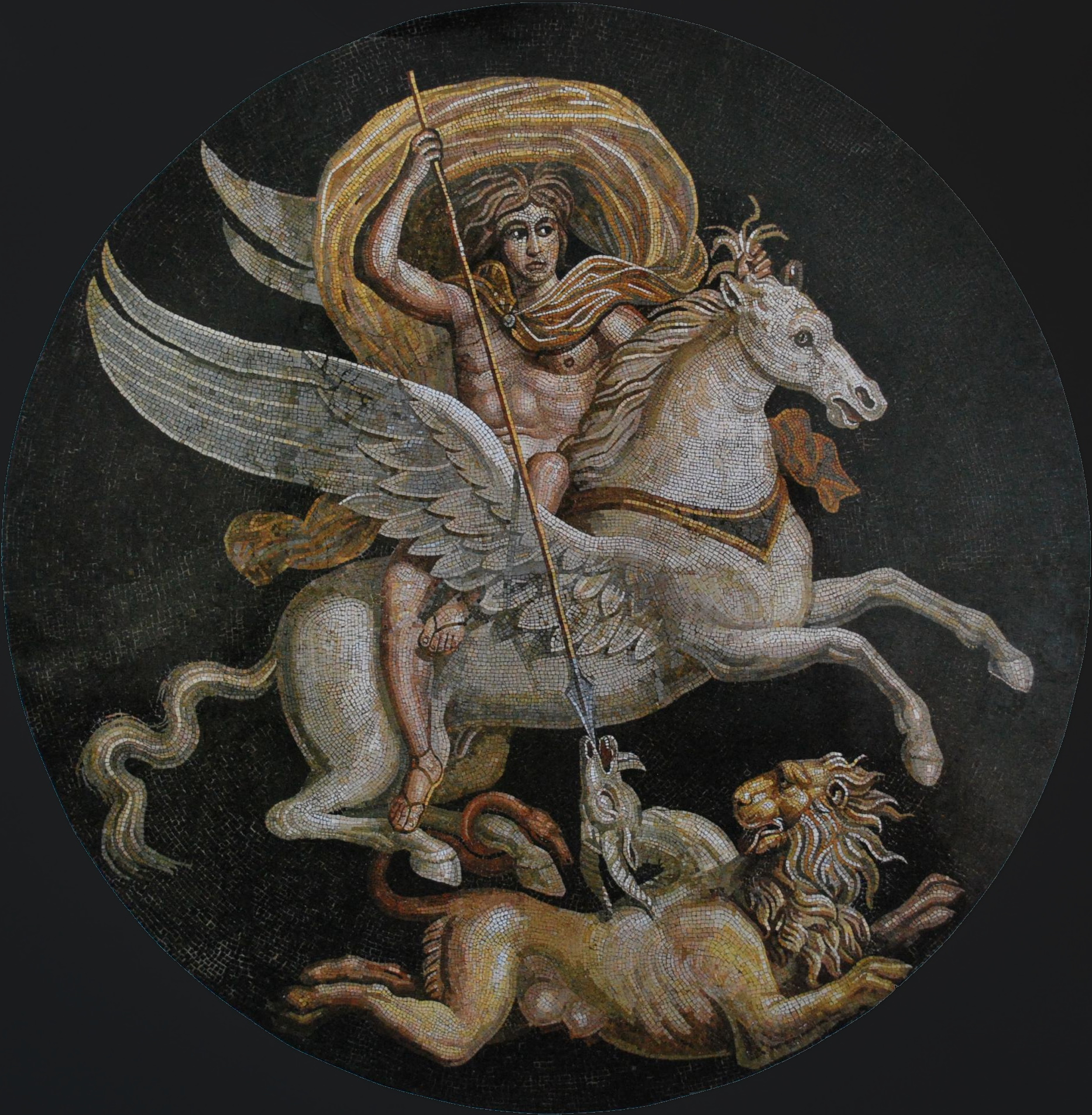 Bellerophon riding Pegasus and slaying the Chimera. Central medallion of a Roman mosaic, 2nd to 3rd century CE. Musée Rolin, Autun, France/Wikimedia Commons 