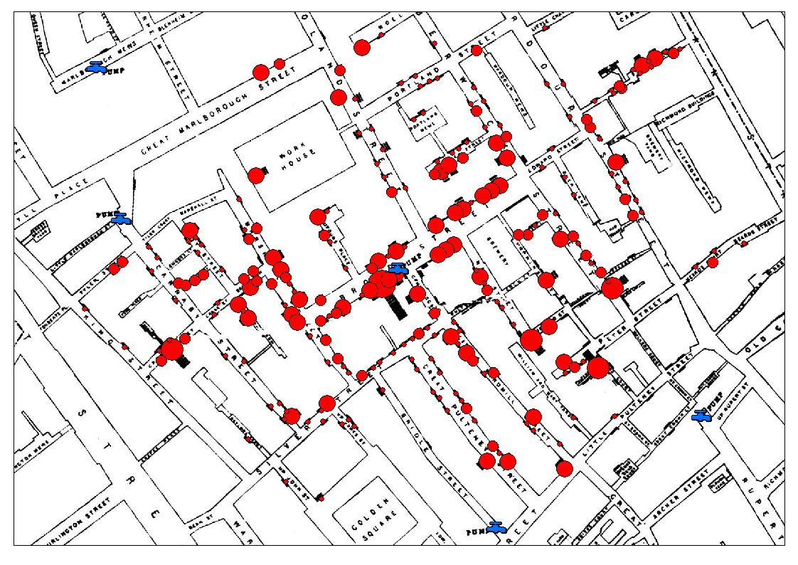 Original map made by John Snow in 1854. Cholera cases are highlighted in black, showing the clusters of cholera cases (indicated by stacked rectangles) in the London epidemic of 1854/Wikimedia Commons