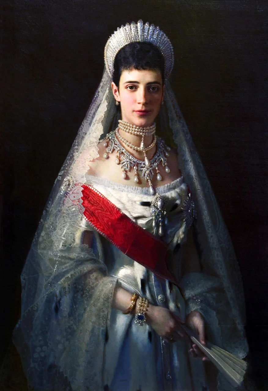 Maria Fyodorovna (1847-1928), 1880. Ivan Kramskoi (1837-1887) Formerly Princess Dagmar of Denmark, as the wife of Alexander III, Tsarina of Russia 1881-1894. Jewels Diamond Pearl Sapphire/Getty Images