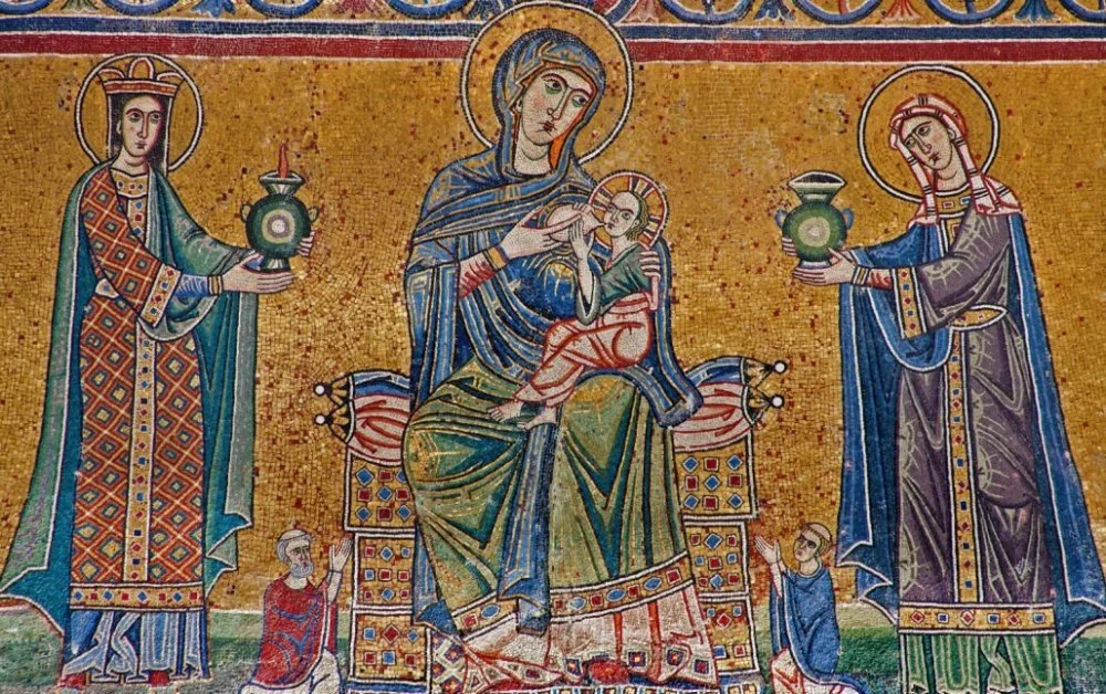 Богородице с младенцем поклоняются 10 дев. Фрагмент мозаики на фасаде собора Санта-Мария-ин-Трастевере. Рим, 13 век / Alamy
