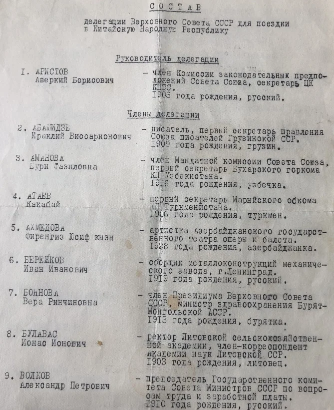 Из личного архива. Список членов делегации в Китай