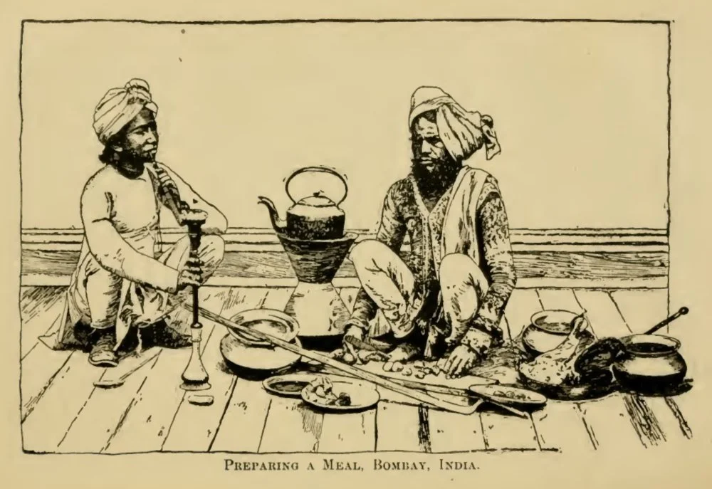 Preparing a meal. Bombay, India. Engraving, 1880/Wikimedia commons