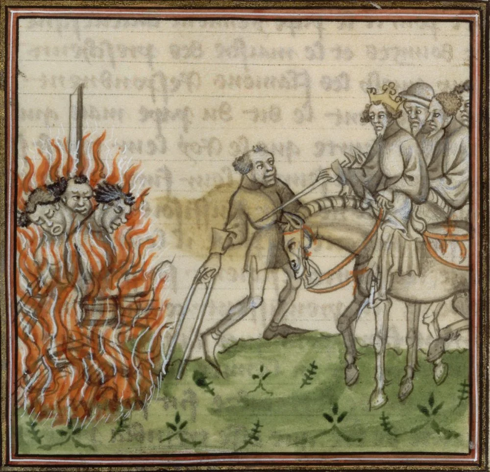 Execution and burning at the stake of lepers and Jews, fourteenth century, Great Chronicles of France/BNF, FR 2606.