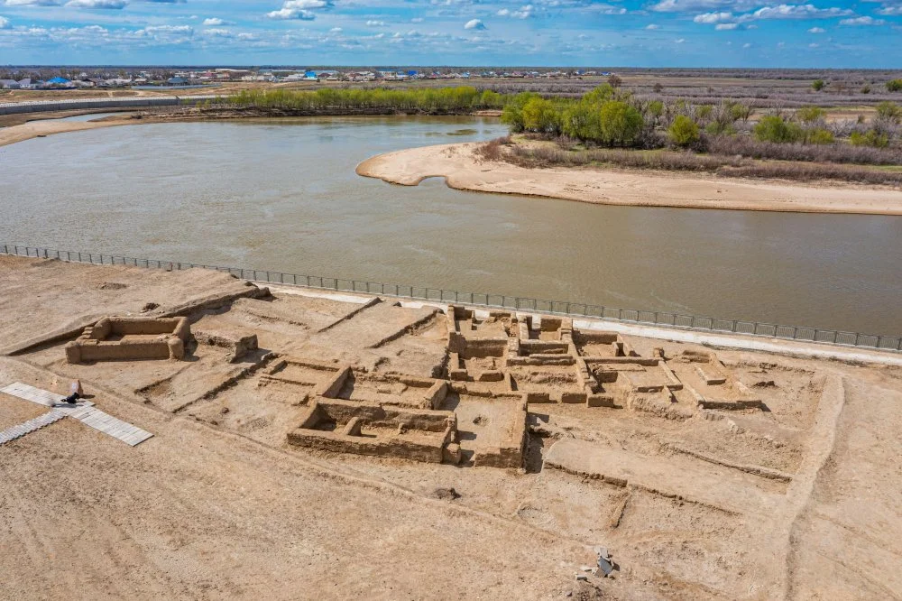 Aerial of Saray-Juk ancient settlement on the Jaiyk (Ural) River, Atyrau, Kazakhstan, Central Asia, Asia/Alamy