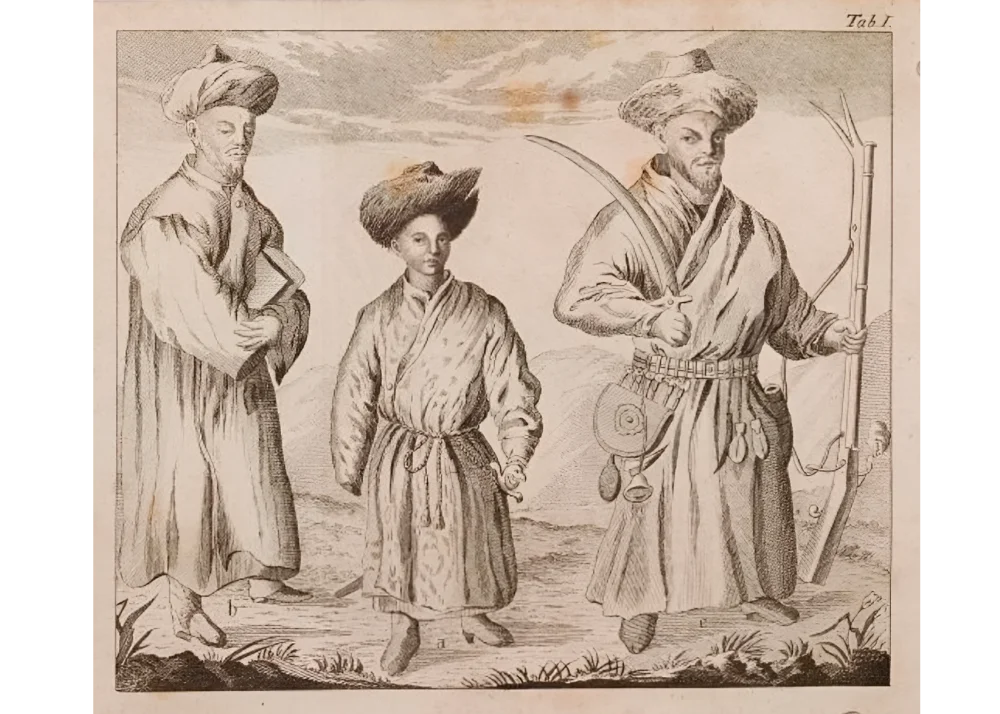 John Castle. Sultan Eraly, a Bukharan akhun (poet), and the chief servant Kuder Batyr in full armor. Illustration from the book «Diary of a Journey in 1736 from Orenburg to Abulkhair, Khan of the Kirghiz-Kaisak Horde» 