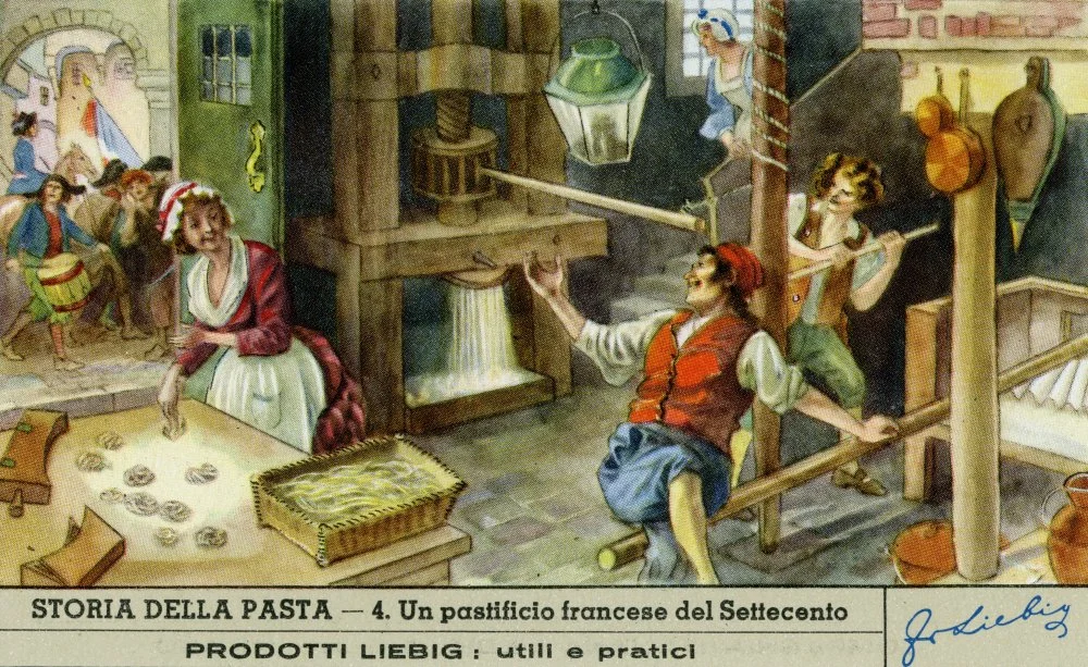 French pasta factory, 1700s. The story of pasta. Liebig collectors card, 1951/Alamy