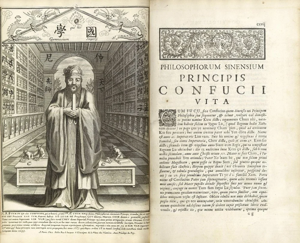 Pages from Confucius Sinarum Philosophus ("Confucius, the Philosopher of the Chinese"), an annotated Latin translation of three of the "Four Books" of Qing Confucianism published by Jesuit missionaries at Paris in 1687/Wikimedia Commons