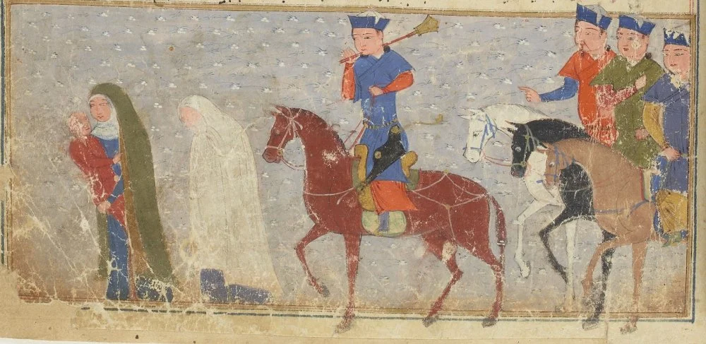 Теркен хатун моңғол тұтқынында. Рашид ад-Диннің «Жамиғ ат-тауарих» шежіресінің иллюстрациясы, Франция ұлттық кітапханасы, шамамен 1430–1434 жылдар / Wikimedia Commons