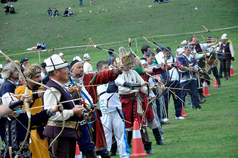 2nd World Nomad Games in Kyrgyzstan CHOLPON-ATA, KYRGYZSTAN - SEPTEMBER 6: Archers perform during Ethnic Sports Cultural Festival within the 2nd World Nomad Games 2016 on September 6, 2016 in Cholpon-Ata, Kyrgyzstan. 2nd World Nomad Games, dedicated to the traditional sports of Central Asia continues with the participants over 40 countries. (Photo by Nezir Aliyev/Anadolu Agency/Getty Images)