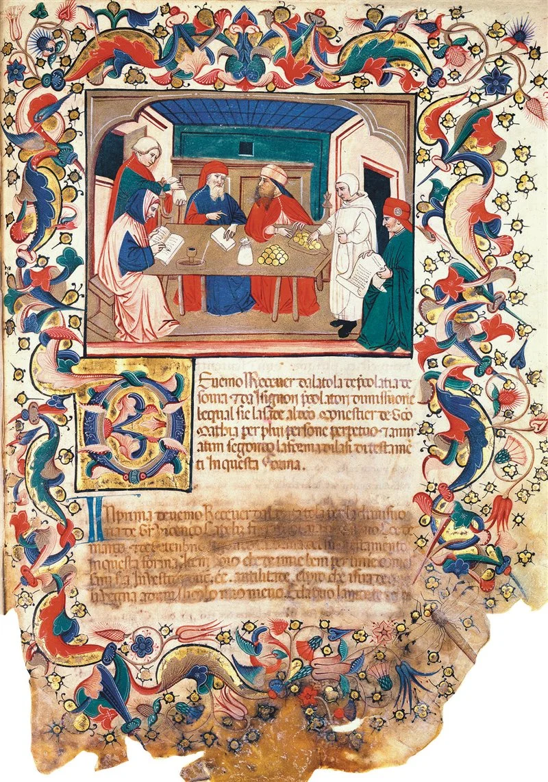 The miniature of the Venetian-Bolognese School represents the banking profession. Patriarchal Seminary, Venice. 15th century/Bridgeman / Aci