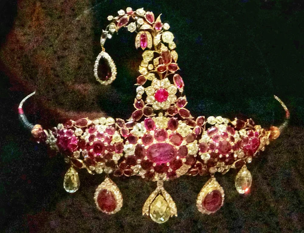 Every Nizam had a special crown made for him for ceremonial purposes and they mostly used to be made of emeralds and diamonds and pearls all set in gold. This one has Burmese rubies as the main decorative motif/Wikimedia Commons