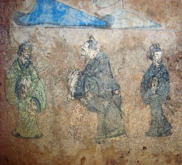 Laozi meeting with Confucius in a Han Dynasty fresco from Dongping County, Shandong Province. The fresco, painted with blue, green, black and red colours is found on the walls of a tomb at an old residential yard in Dongping county, southwestern Shandong, and is estimated to be about 2,000 years old/Getty Images