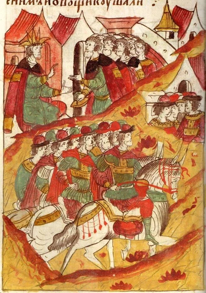 Campaign of the governor to the German land, led by Andrey Kurbsky and Daniil Adashev. Illustrated Chronicle of Ivan the Terrible,  XVI century/Wikimedia Commons