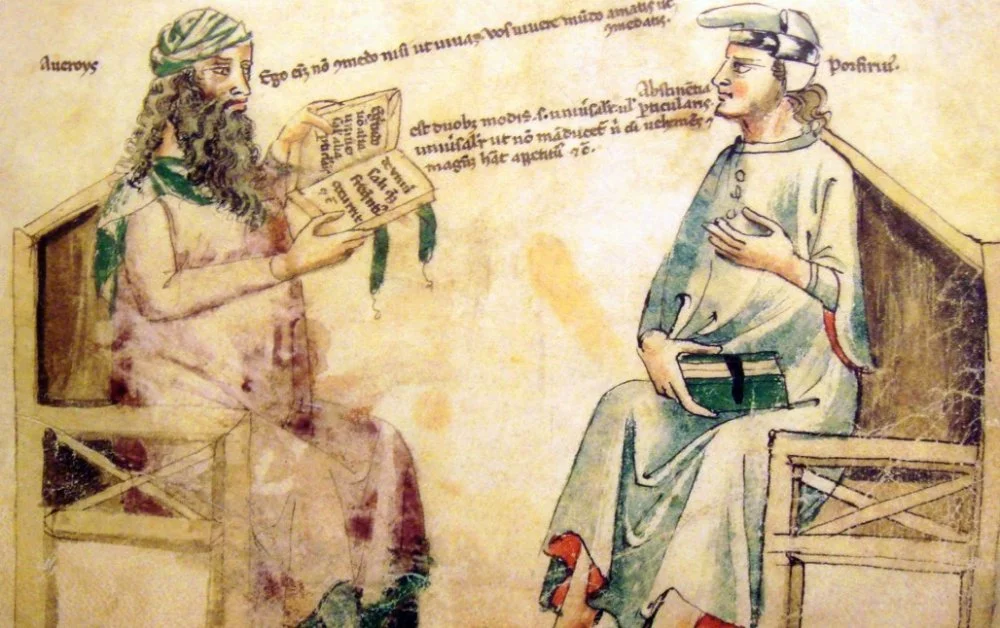 Ибн Рушд (сол жақта) пен гректің неоплатоншы-философы Порфирийдің қиялдағы дебаты. 14 ғасырдағы Испан миниатюрасы / Photo by: Pictures From History/Universal Images Group via Getty Images