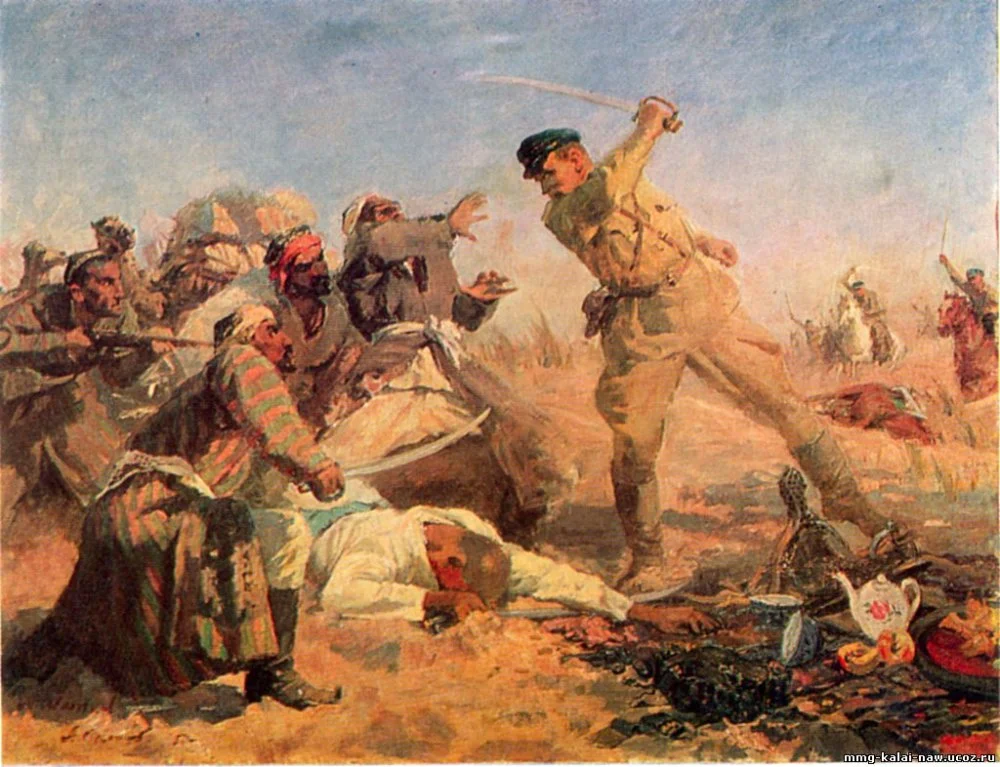M.V. Maltsev, A.I. Sologub "Ivan Poskrebko in the battle with a gang of Basmachi", 1950