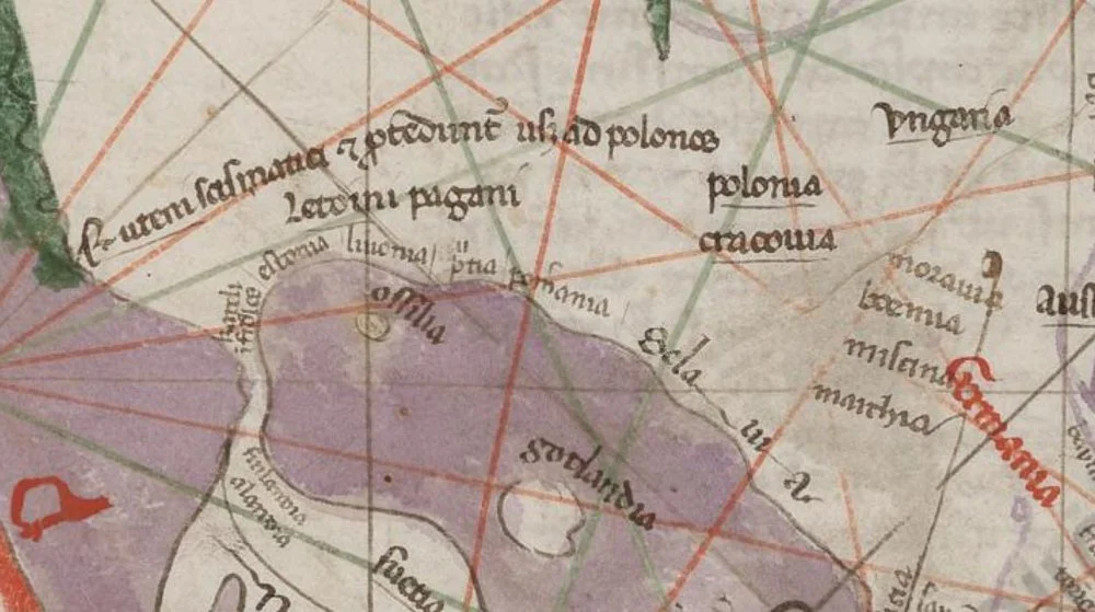 Mappa mundi-да бейнеленген Литва,Пьетро Весконте, 1321 жыл. Жазуда:Letoini pagani - пұтқа табынушы литовтықтар/ Wikimedia Commons