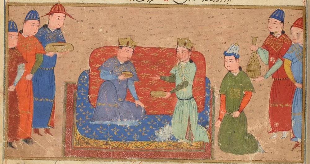 Genghis Khan and Wang Khan. Illustration from the manuscript Jami' al-tawarikh, written by Rashid al-Din. 15th century, Iran 1430/Bibliothèque nationale de France. Département des Manuscrits. Division orientale/Wikimedia Commons