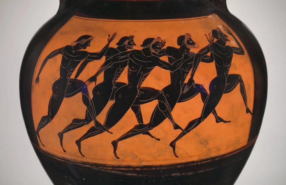 Panathenaic prize amphora with marathon runners at the Olympic games, ca 550-530 BC. Found in the collection of the Metropolitan Museum of Art, New York. Artist Euphiletos, Attic vase painter (6th century BC)/Getty Images