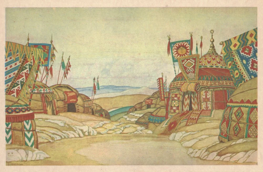 Иван Билибин. Половецтердiң (қыпшақтардың) лагері. «Князь Игорь» операсында қолданылған декорация эскизі. 1930 жыл / Wikimedia Commons