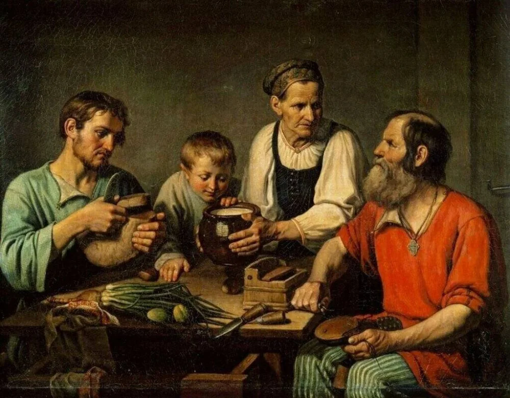 F. Solntsev. Peasant family before dinner. 1824 / Wikimedia Commons