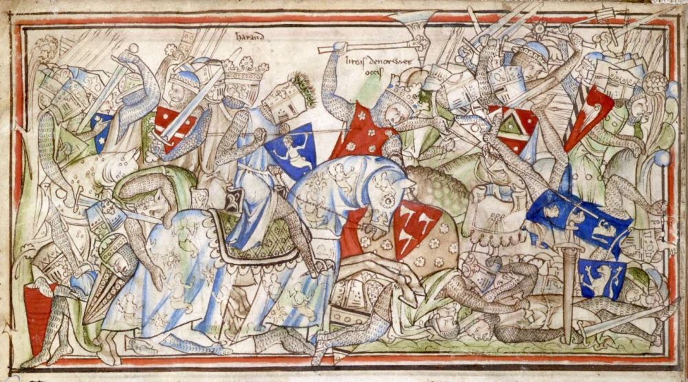 The Battle of Stamford Bridge, from The Life of King Edward the Confessor by Matthew Paris. 13th century. Cambridge, Cambridge University Library/Wikimedia Commons