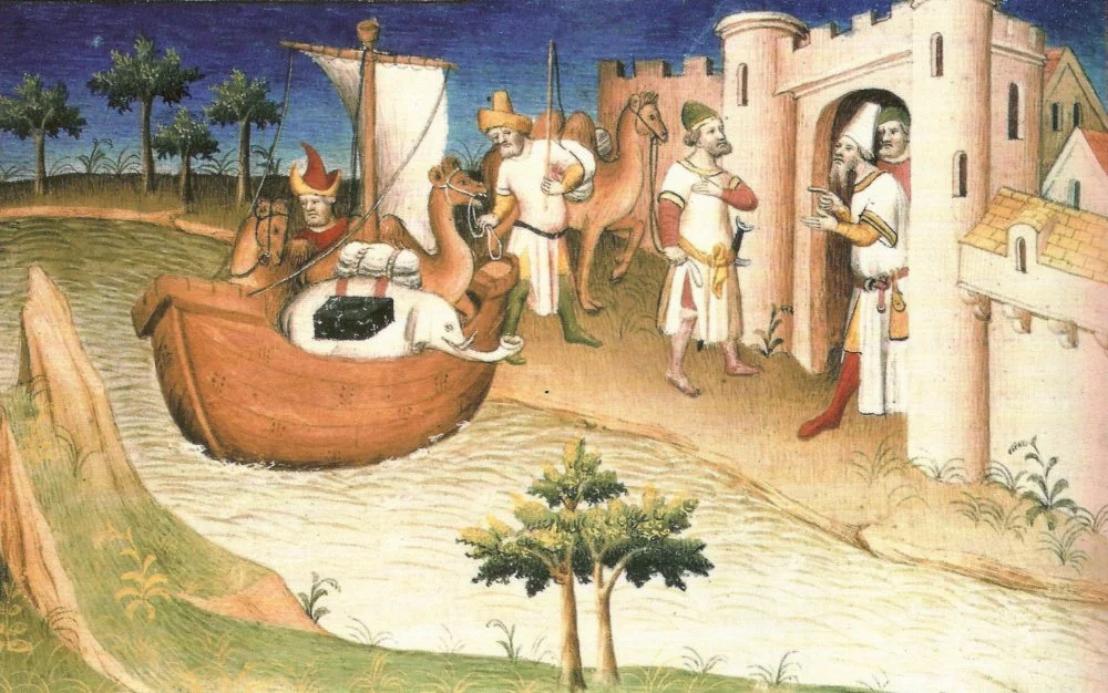 Marco Polo travelling, Miniature from the Book "The Travels of Marco Polo" ("Il milione"), originally published during Polo's lifetime (c. 1254 - January 8, 1324), but frequently reprinted and translated/Wikimedia commons