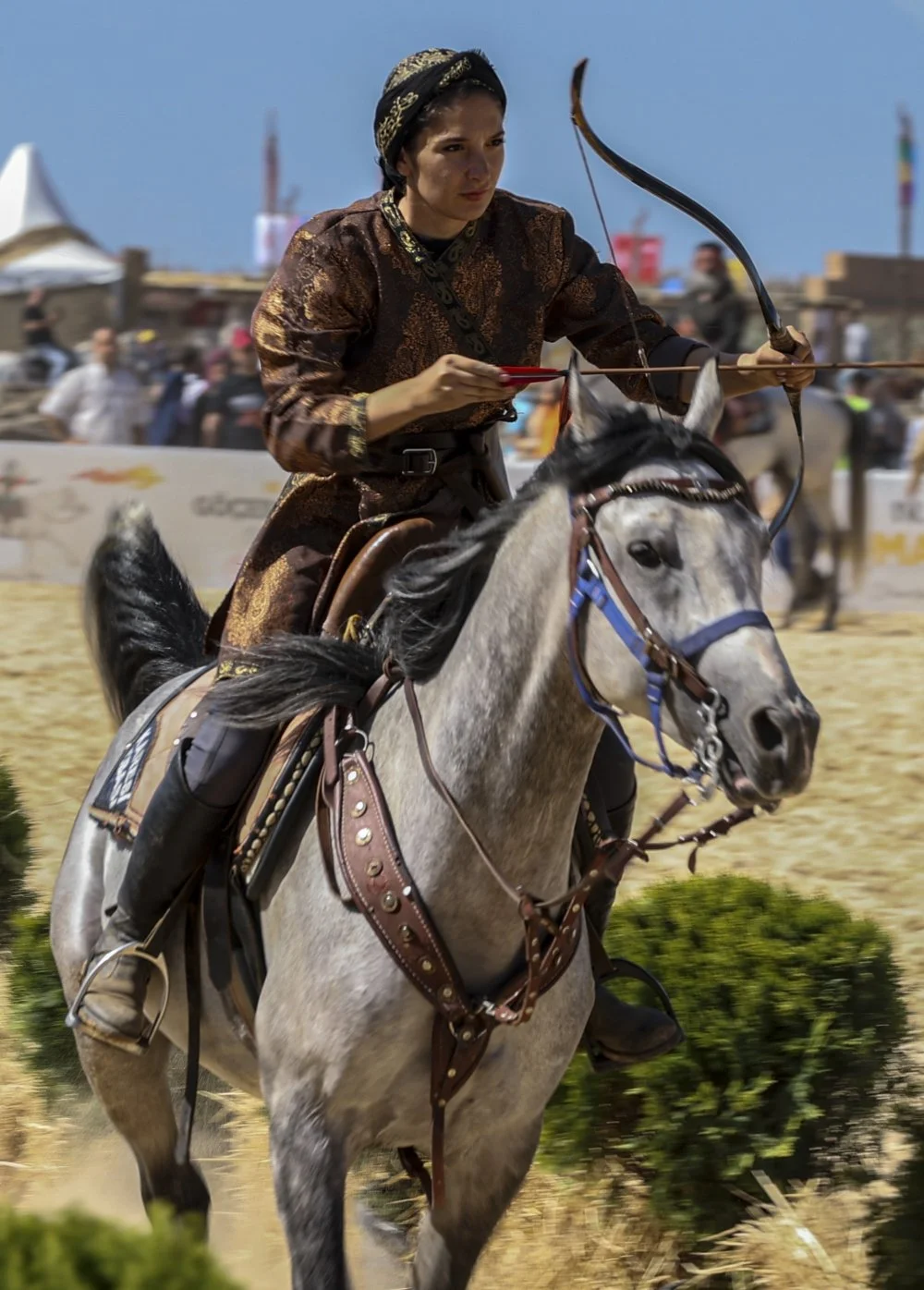  4th World Nomad Games in Turkiye's Bursa BURSA, TURKIYE - OCTOBER 01: A horse archer competes in a mounted archery competition on the third day of the 4th World Nomad Games held under the leadership of the World Ethnosport Confederation in the Iznik district of Bursa, Turkiye on October 01, 2022/Photo by Mehmet Eser/Anadolu Agency via Getty Images