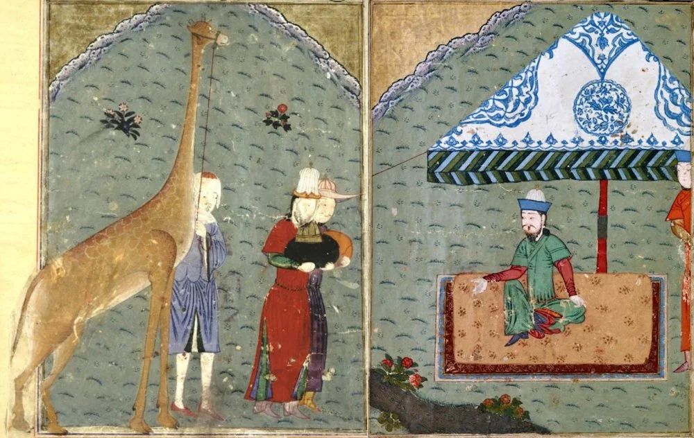 Послы египетского султана преподносят дары Тимуру, среди которых жираф. Миниатюра из «Зафар-наме» Шараф ад-Дина Йезди (1436 год). Johns Hopkins University Library / Wikimedia Commons