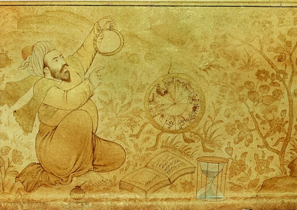 A margin drawing from the folio of Jahangir's Album, An astrologer surrounded by his equipment astrolabe, zodiac tables and an hour glass. India. Moghul. Early 17th century. Mughal school. (Photo by Werner Forman/Universal Images Group/Getty Images)