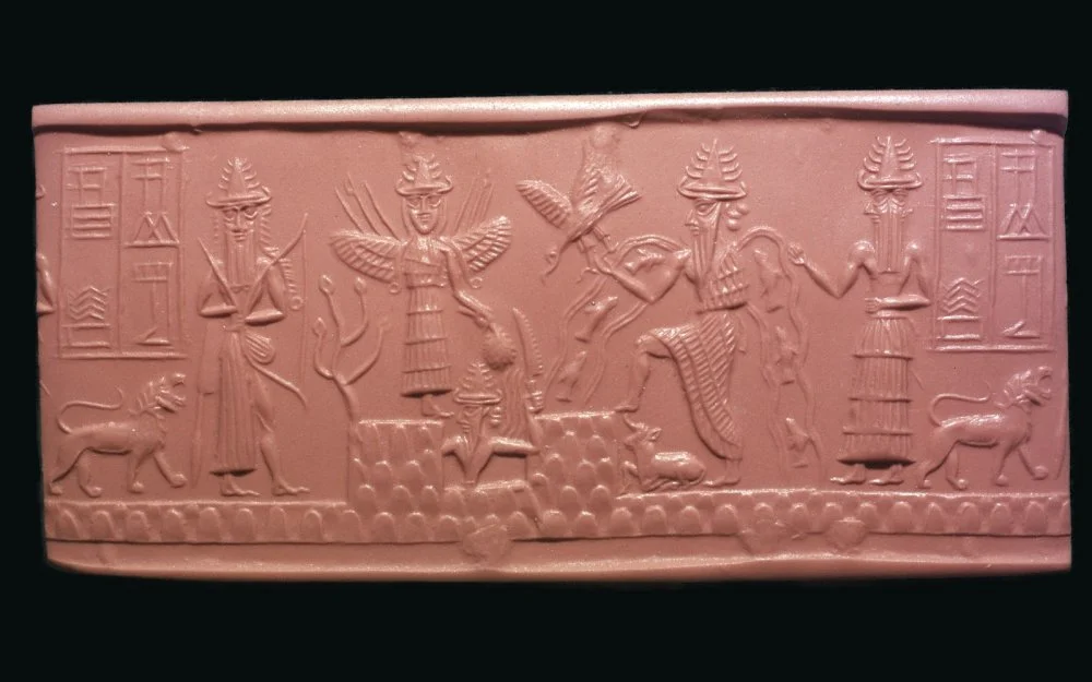 Akkadian cylinder-seal impression of the scribe Adda. It represents a new year ritual, and from left to right are: Ninurth carrying a bow, Ishtar with wings, Shamash with sun-bird and saw, and Ea, 22nd century BC/Getty Images