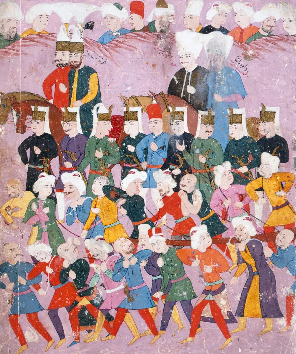 Сұлтан Осман II (1618-1622 жылдары биледі) өзінің уәзірі Давуд Пашамен бірге янычарлар мен гвардияшылар шеруінде/Alamy