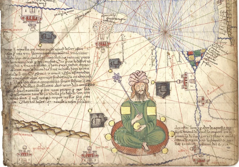 A fragment of the Catalan Atlas (late 14th century). Janibek Khan (1342-1357) is depicted. The possessions of the Golden Horde are marked with flags with tamga/Wikimedia commons