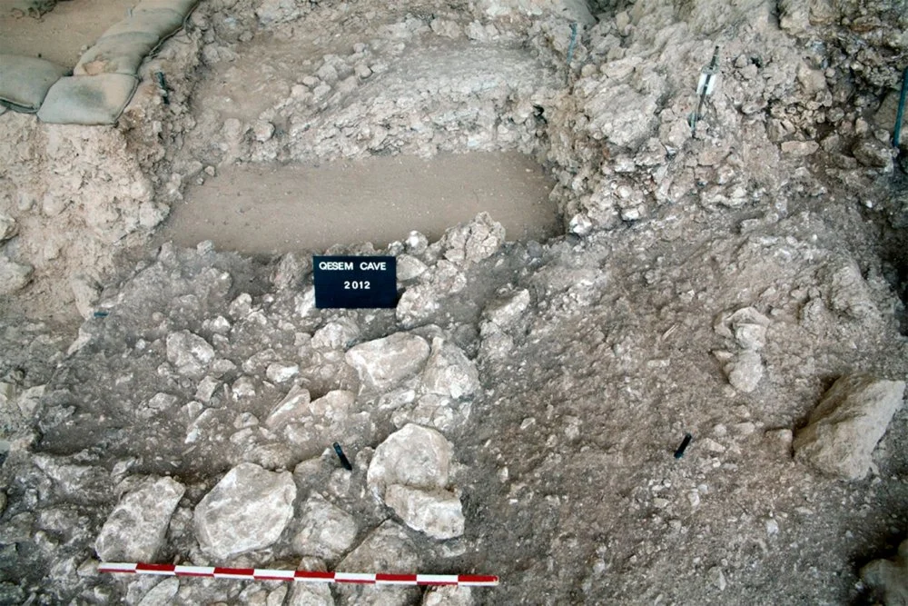 A hearth (at top of photo) discovered in Qesem Cave shows multiple layers of ash laid down over time/Photo by Ran Barkai, Department of Archeology, Tel-Aviv University/nationalgeographic.com