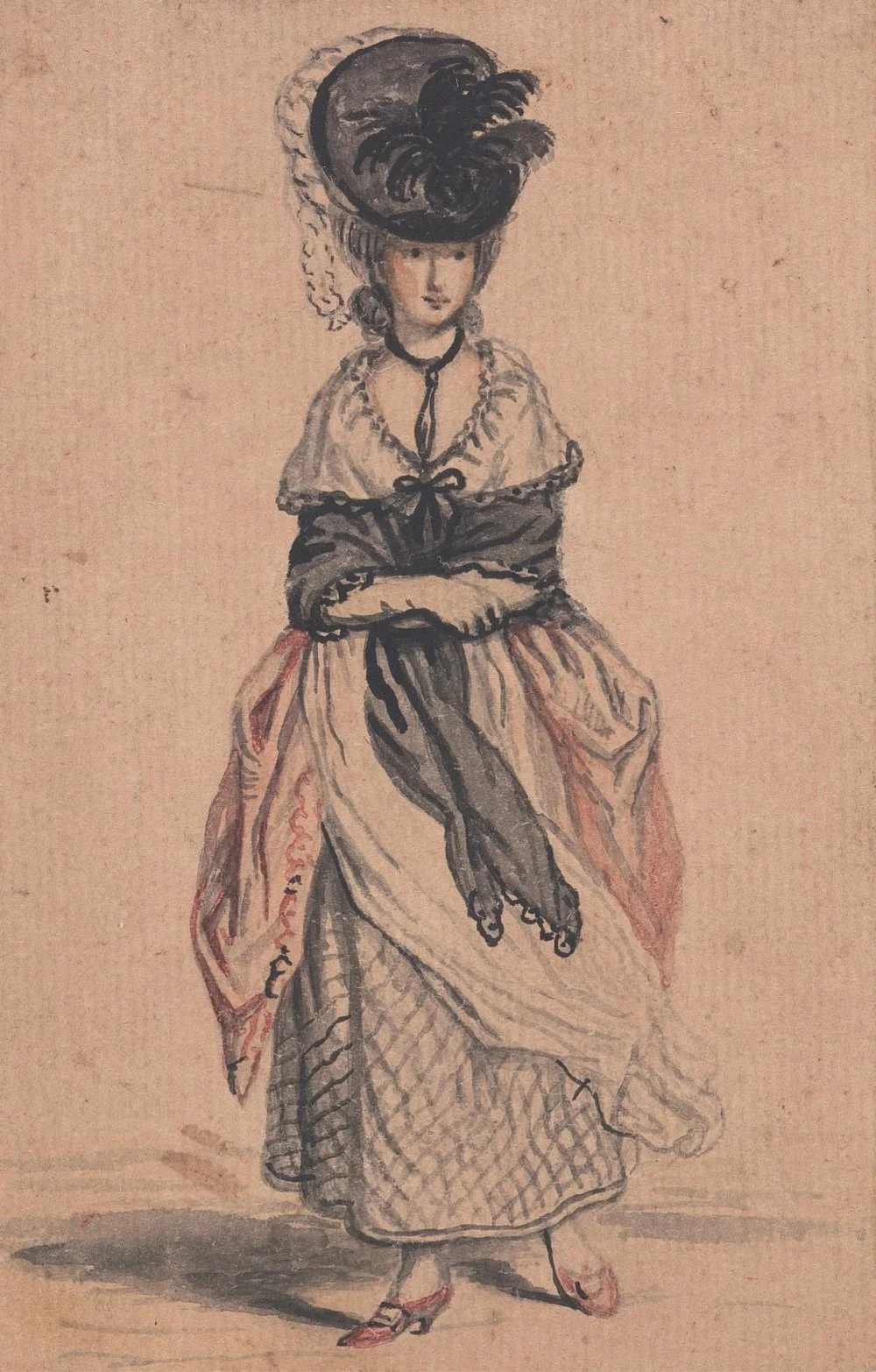 John Collett  (1725–1780). A Lady of Fashion with Black Shawl and Red Shoes watercolor painting Pen, black ink and watercolor on medium, moderately textured, beige laid paper mounted to medium, moderately textured, brown laid paper. Circa 1778/Wikimedia Commons