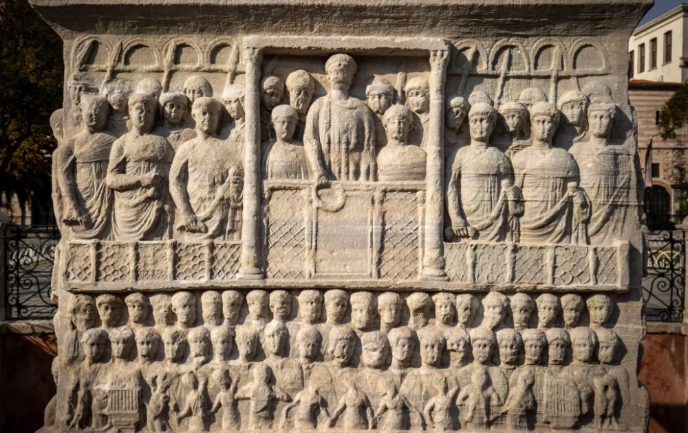 Emperor on the Hippodrome. Fragment of the pedestal of the Egyptian obelisk. Istanbul / Alamy