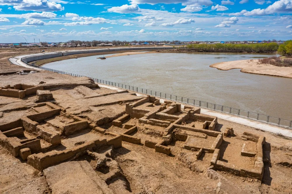 Aerial Of Saray-Juk Ancient Settlement On The Ural Rver, Atyrau, Kazakhstan, Central Asia, Asia/Alamy