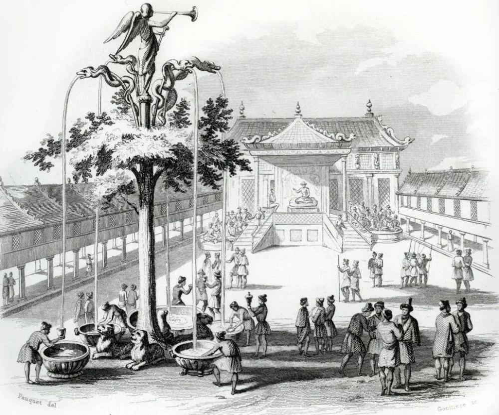 Palace in Karakorum and the Silver Fountain. 19th-century engraving / Bridgeman Images