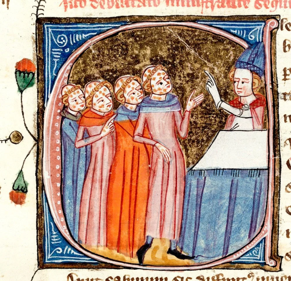 Clerics With Leprosy Receiving Instruction From A Bishop. Omne Bonum, de James le Palmer, London, 1360-1375/Alamy