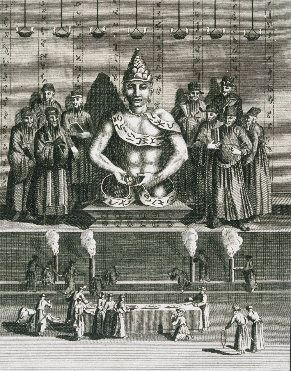 The Image of Confutius and the Sutangs from Dr. Hurd's Religious Rites and Ceremonies of All Nations. 18th century engraving of the image of Confucius being worshipped/Corbis via Getty Images