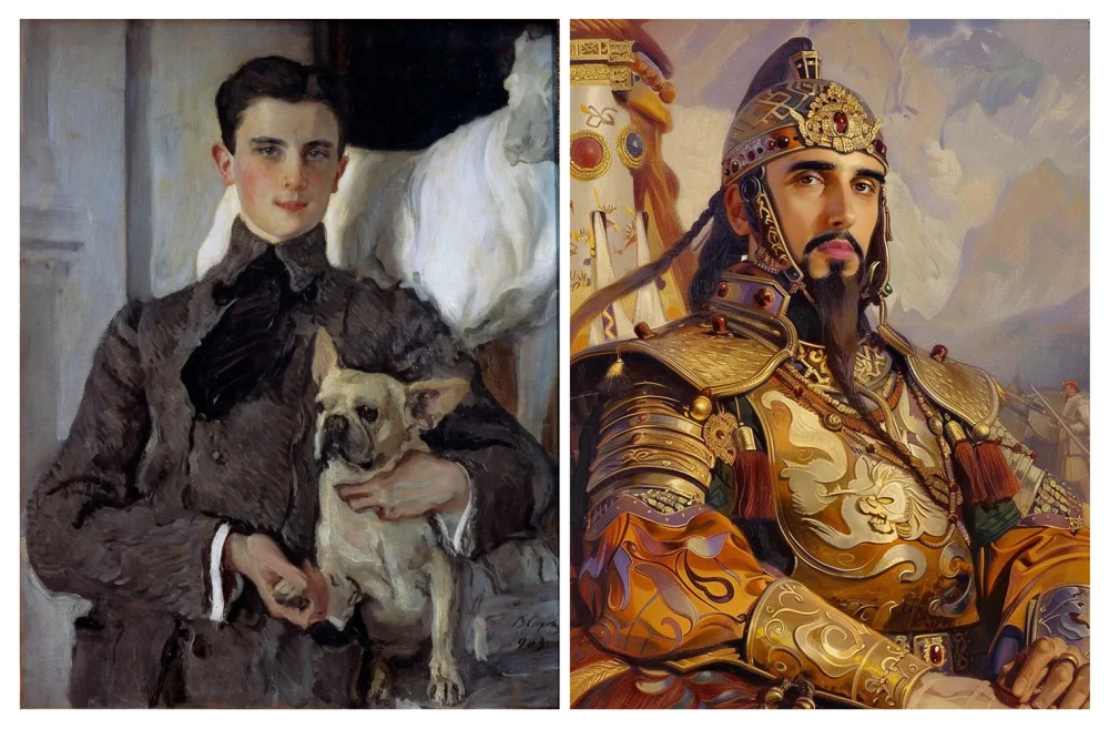 Портрет Феликса Юсупова кисти В. Серова и облик его предка Эдыге в воображении AI.