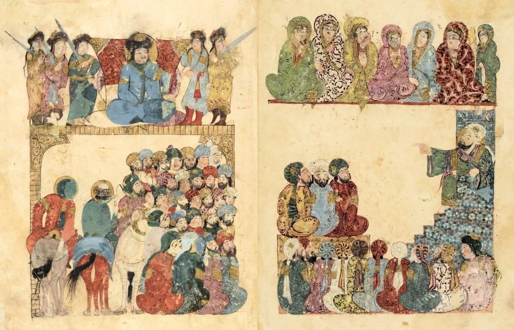 Рай қаласындағы уағыз. «Мақамат әл-Харари» қолжазбасы, 21-мақама, 58v–59r-беттер (екі беттің көрінісі). 1237 жыл / Bibliothèque nationale de France