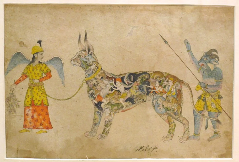 Pari (or Peri) leading a composite animal of Persian inspiration. Rajput painting. XIX, Bhopal, Archaeological Museum/Wikimedia Commons 