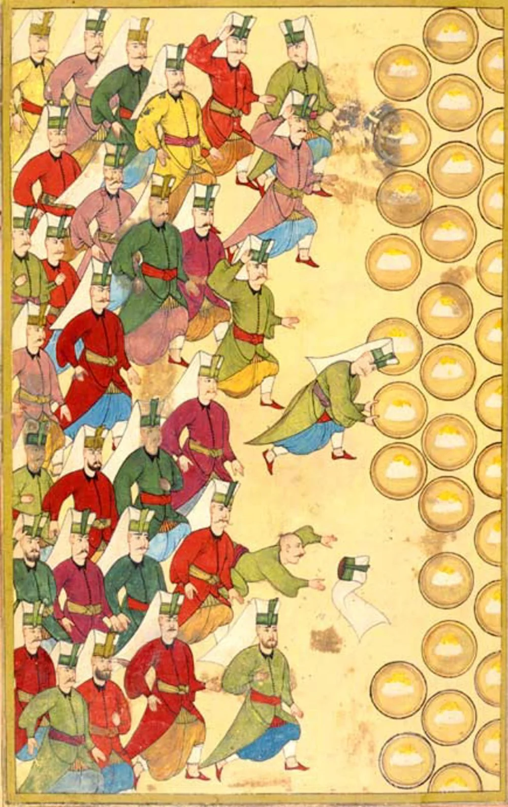 Banquet (Safranpilav) for the Janissaries, given by the Sultan. If they refused the meal, they signaled their disapproval of the Sultan. In this case they accept the meal. Ottoman miniature painting, from the 'Surname-I Vehbi' (Fol. 22b). Topkapı Sarayı Müzesi, Istanbul. 1720/Alamy