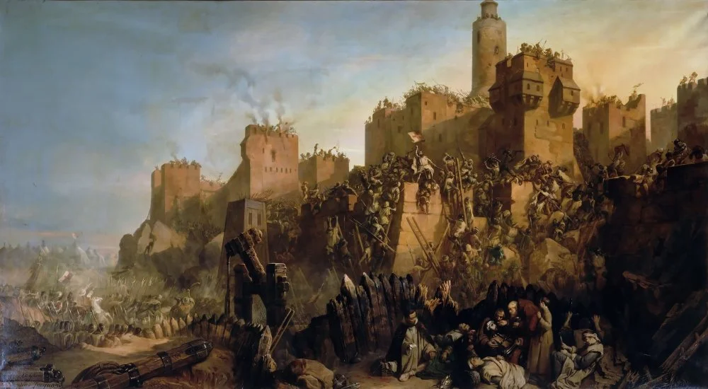 The capture of Jerusalem by Jacques de Molay in 1299. Found in the collection of Musée de l'Histoire de France, Château de Versaills/Getty Images