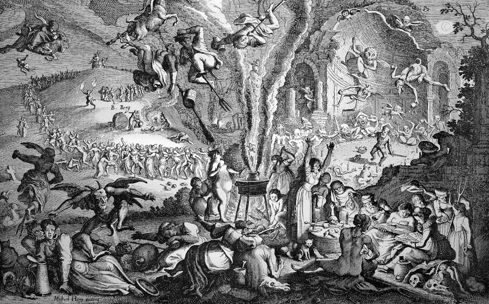 The witches' sabbath on walpurgis night on blocksberg mountain, also known as brocken mountain, german copper engraving, 17th century/bildagentur-online/Getty Images