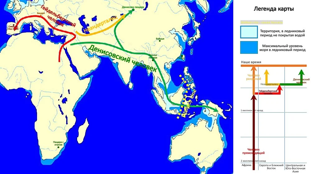 Денисовтықтардың, неандертальдықтардың және гейдельбергтіктердің көші-қоны мен үңгірлерін көрсететін карта. Денисовтық адам туралы мақала үшін жасалған/John D. Croft/Wikimedia Commons